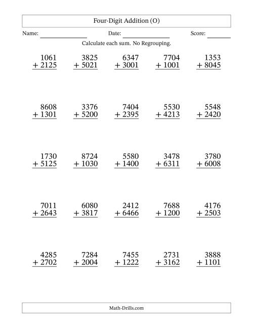 The Four-Digit Addition With No Regrouping – 25 Questions (O) Math Worksheet