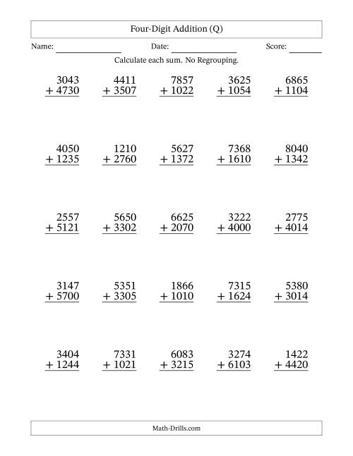 The Four-Digit Addition With No Regrouping – 25 Questions (Q) Math Worksheet