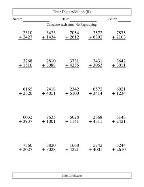 The Four-Digit Addition With No Regrouping – 25 Questions (R) Math Worksheet
