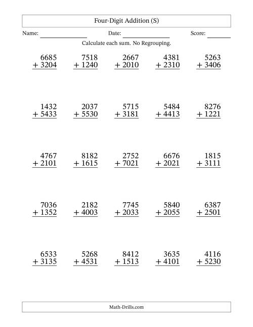 The Four-Digit Addition With No Regrouping – 25 Questions (S) Math Worksheet
