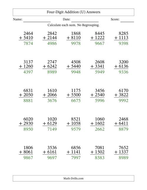 The Four-Digit Addition With No Regrouping – 25 Questions (U) Math Worksheet Page 2
