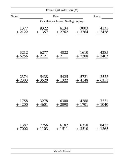 The Four-Digit Addition With No Regrouping – 25 Questions (V) Math Worksheet