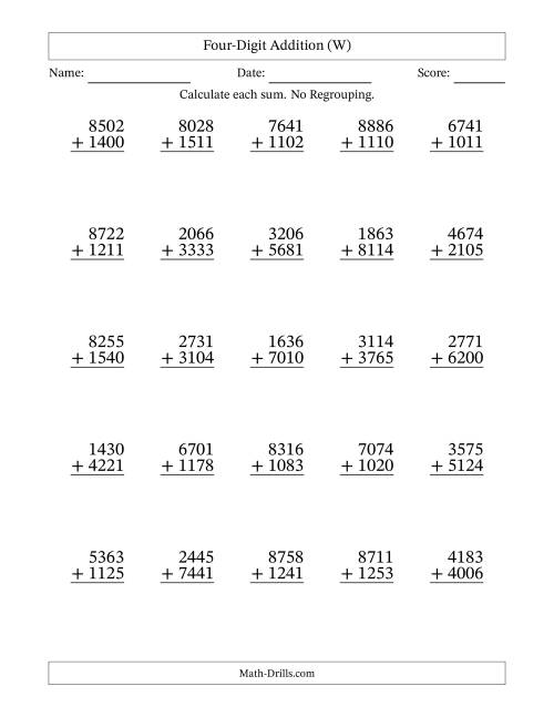 The Four-Digit Addition With No Regrouping – 25 Questions (W) Math Worksheet