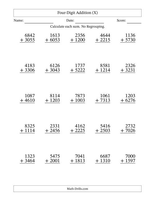 The Four-Digit Addition With No Regrouping – 25 Questions (X) Math Worksheet