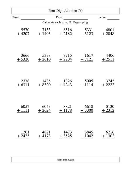 The Four-Digit Addition With No Regrouping – 25 Questions (Y) Math Worksheet