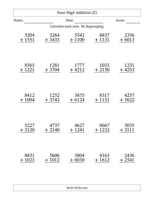 The Four-Digit Addition With No Regrouping – 25 Questions (Z) Math Worksheet