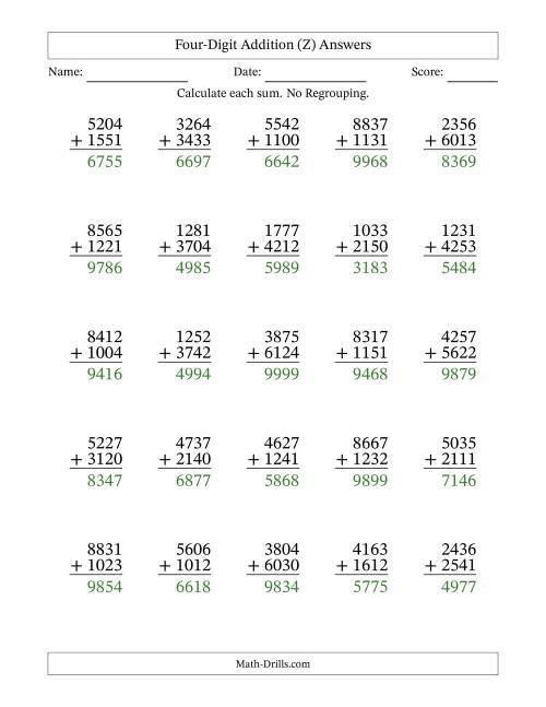 The Four-Digit Addition With No Regrouping – 25 Questions (Z) Math Worksheet Page 2