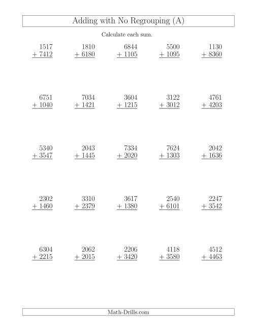 The Adding 4-Digit and 4-Digit Numbers with No Regrouping (Old) Math Worksheet