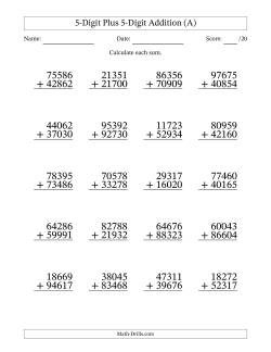 5-Digit Plus 5-Digit Addition With Some Regrouping (20 Questions)