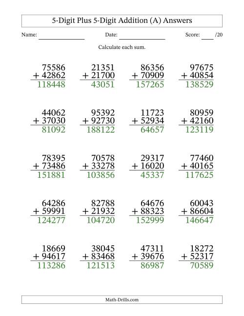 5 digit plus 5 digit addition with some regrouping 20 questions a