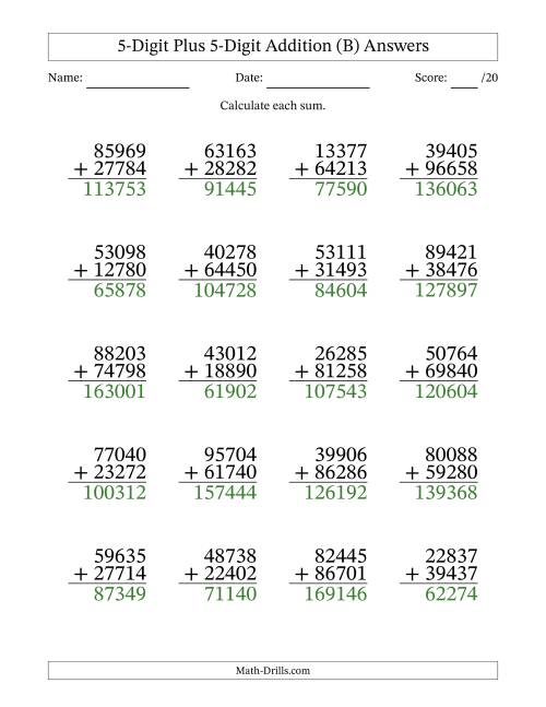 The 5-Digit Plus 5-Digit Addition With Some Regrouping (20 Questions) (B) Math Worksheet Page 2