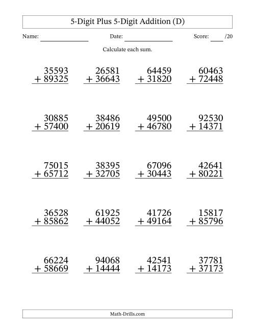 The 5-Digit Plus 5-Digit Addition With Some Regrouping (20 Questions) (D) Math Worksheet