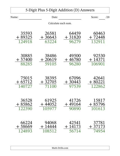 The 5-Digit Plus 5-Digit Addition With Some Regrouping (20 Questions) (D) Math Worksheet Page 2