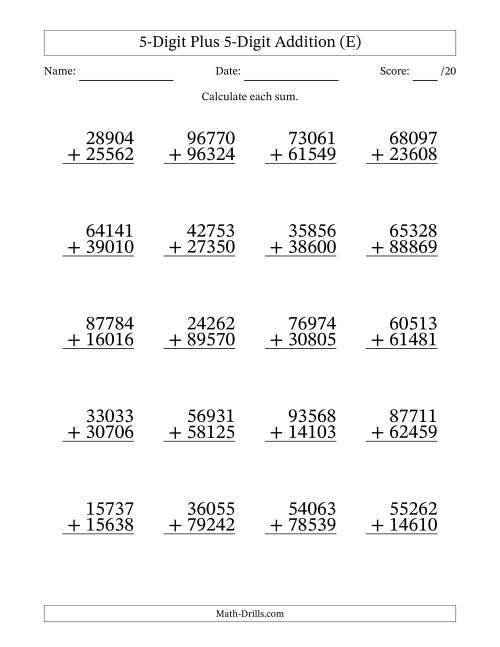 The 5-Digit Plus 5-Digit Addition With Some Regrouping (20 Questions) (E) Math Worksheet