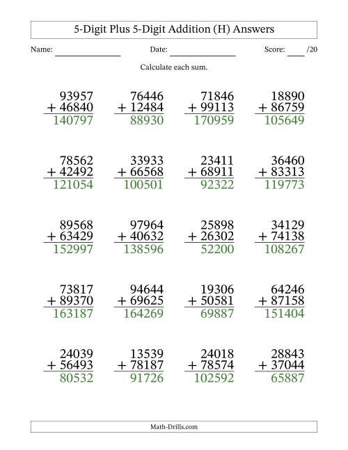 The 5-Digit Plus 5-Digit Addition With Some Regrouping (20 Questions) (H) Math Worksheet Page 2