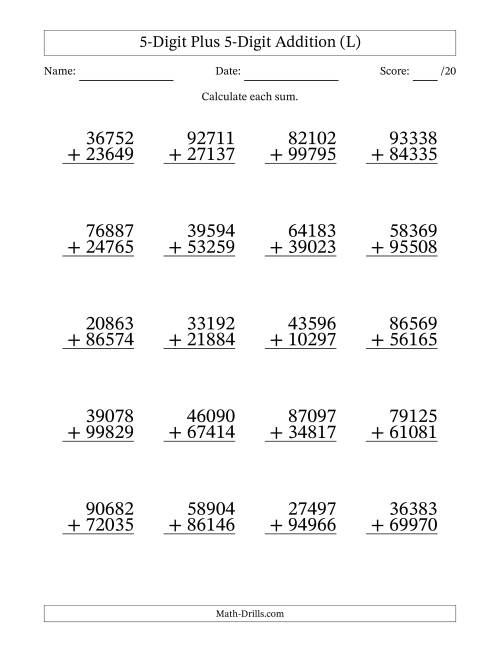 The 5-Digit Plus 5-Digit Addition With Some Regrouping (20 Questions) (L) Math Worksheet