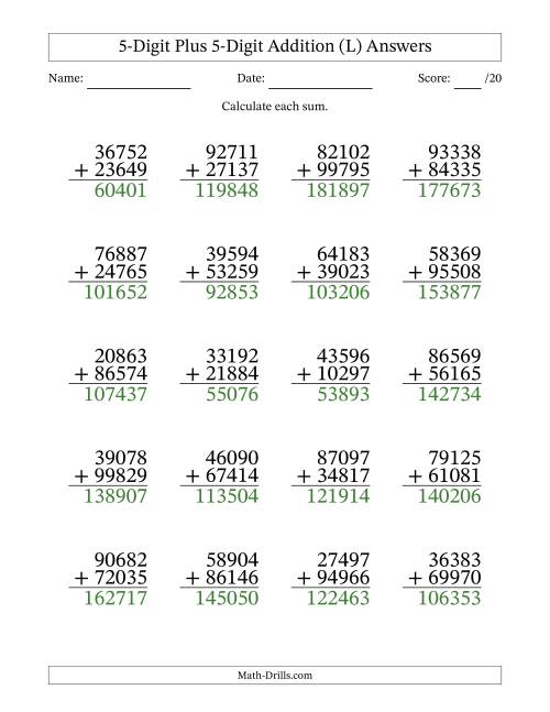 The 5-Digit Plus 5-Digit Addition With Some Regrouping (20 Questions) (L) Math Worksheet Page 2