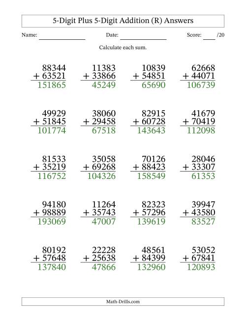 The 5-Digit Plus 5-Digit Addition With Some Regrouping (20 Questions) (R) Math Worksheet Page 2