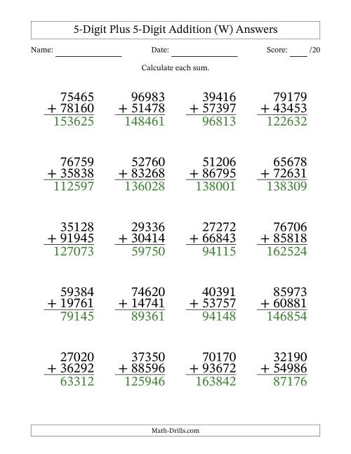 The 5-Digit Plus 5-Digit Addition With Some Regrouping (20 Questions) (W) Math Worksheet Page 2