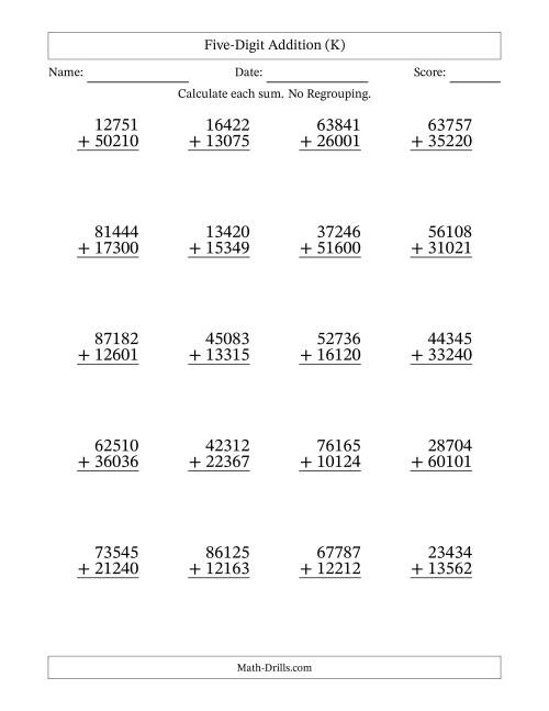The Five-Digit Addition With No Regrouping – 20 Questions (K) Math Worksheet