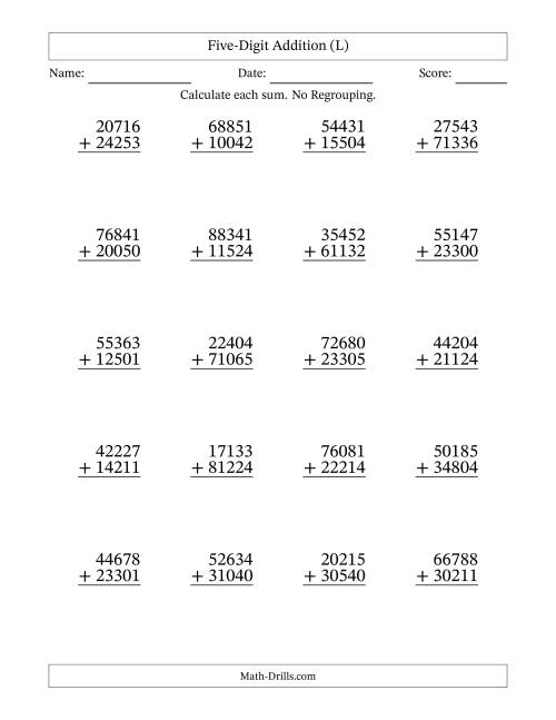 The Five-Digit Addition With No Regrouping – 20 Questions (L) Math Worksheet