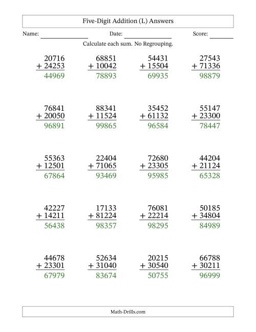 The Five-Digit Addition With No Regrouping – 20 Questions (L) Math Worksheet Page 2