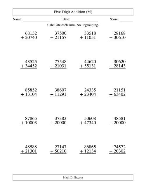 The Five-Digit Addition With No Regrouping – 20 Questions (M) Math Worksheet