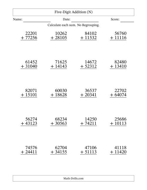 The Five-Digit Addition With No Regrouping – 20 Questions (N) Math Worksheet
