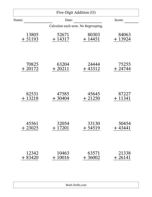 The Five-Digit Addition With No Regrouping – 20 Questions (O) Math Worksheet