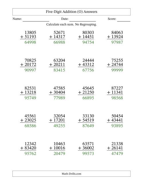 The Five-Digit Addition With No Regrouping – 20 Questions (O) Math Worksheet Page 2