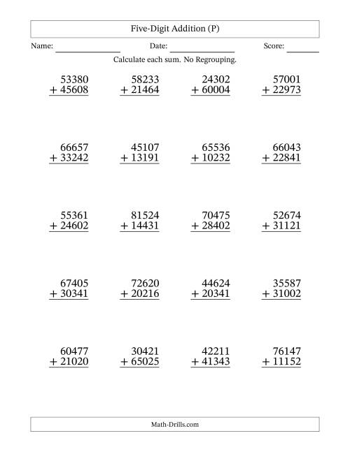 The Five-Digit Addition With No Regrouping – 20 Questions (P) Math Worksheet