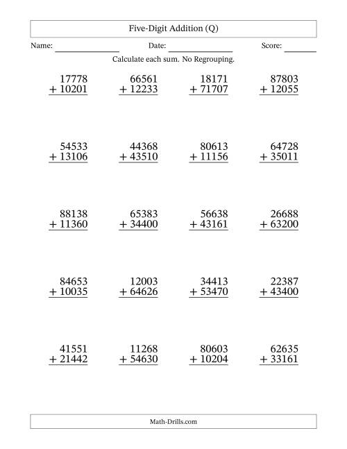 The Five-Digit Addition With No Regrouping – 20 Questions (Q) Math Worksheet