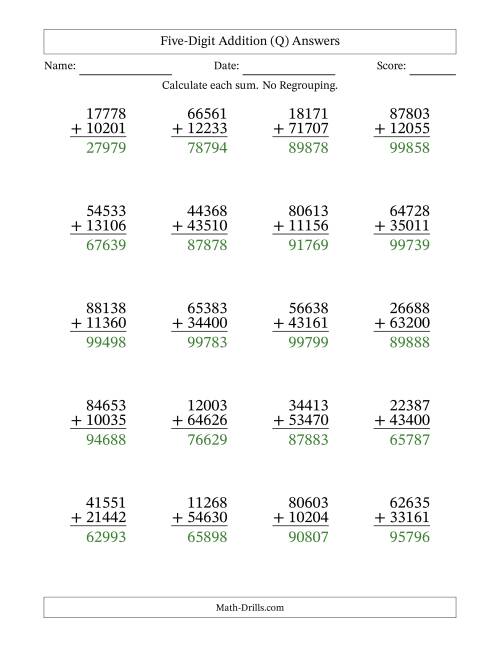 The Five-Digit Addition With No Regrouping – 20 Questions (Q) Math Worksheet Page 2