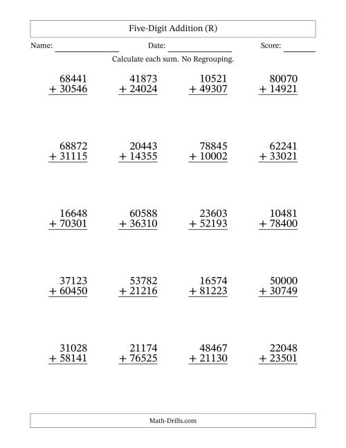The Five-Digit Addition With No Regrouping – 20 Questions (R) Math Worksheet
