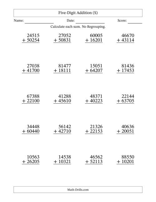 The Five-Digit Addition With No Regrouping – 20 Questions (S) Math Worksheet