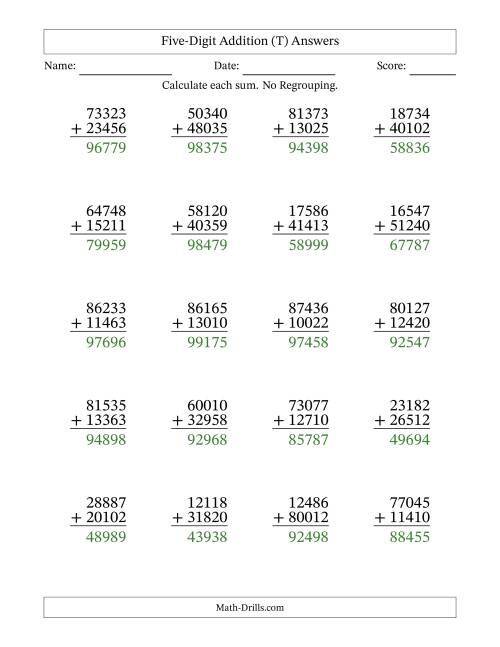 The Five-Digit Addition With No Regrouping – 20 Questions (T) Math Worksheet Page 2