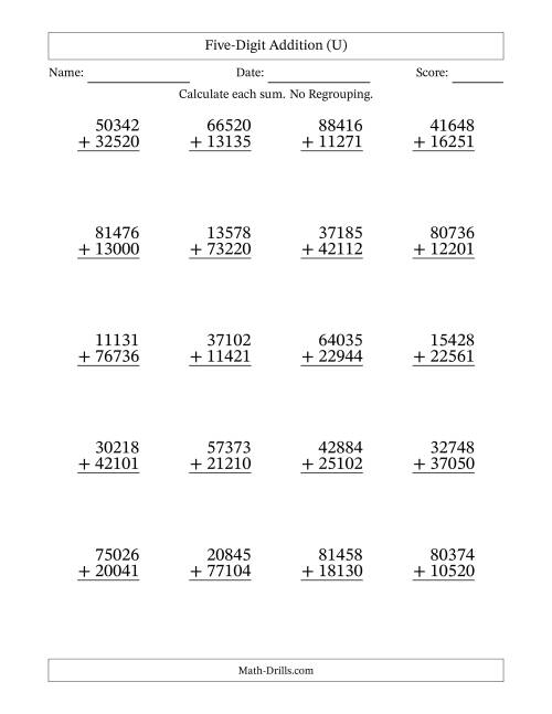 The Five-Digit Addition With No Regrouping – 20 Questions (U) Math Worksheet