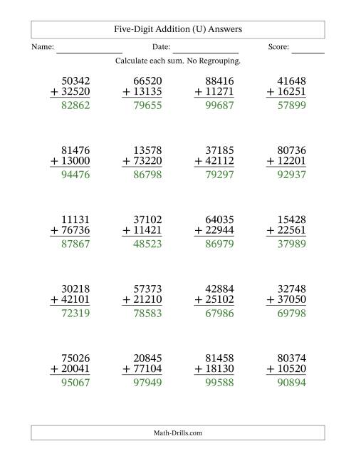 The Five-Digit Addition With No Regrouping – 20 Questions (U) Math Worksheet Page 2