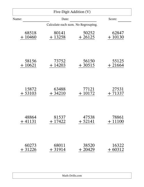 The Five-Digit Addition With No Regrouping – 20 Questions (V) Math Worksheet
