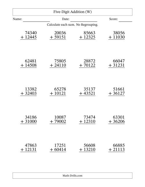 The Five-Digit Addition With No Regrouping – 20 Questions (W) Math Worksheet