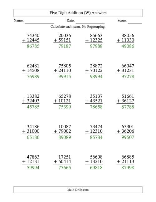 The Five-Digit Addition With No Regrouping – 20 Questions (W) Math Worksheet Page 2
