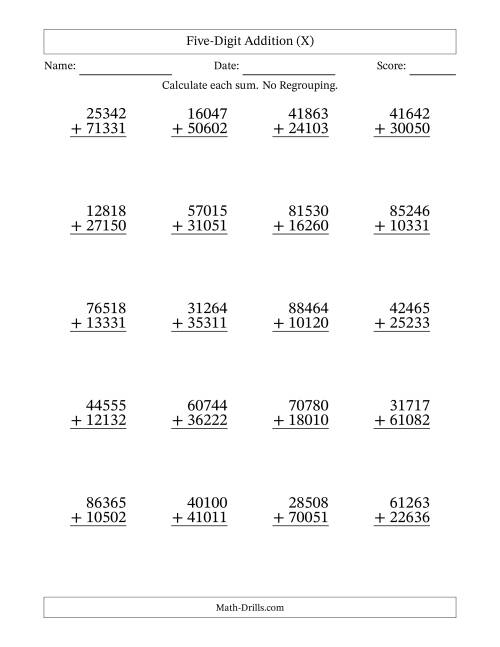 The Five-Digit Addition With No Regrouping – 20 Questions (X) Math Worksheet