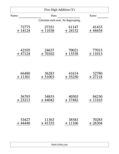 The Five-Digit Addition With No Regrouping – 20 Questions (Y) Math Worksheet