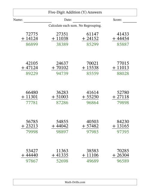 The Five-Digit Addition With No Regrouping – 20 Questions (Y) Math Worksheet Page 2