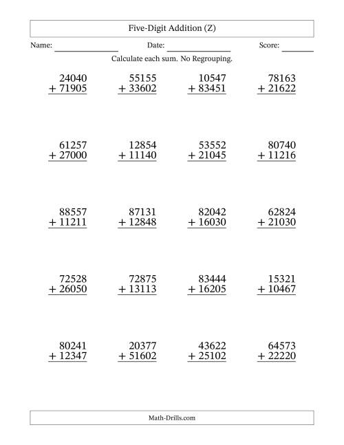 The Five-Digit Addition With No Regrouping – 20 Questions (Z) Math Worksheet