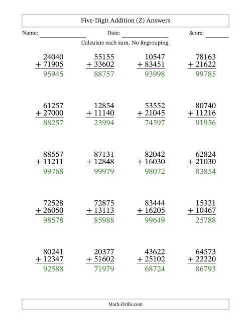 The Five-Digit Addition With No Regrouping – 20 Questions (Z) Math Worksheet Page 2