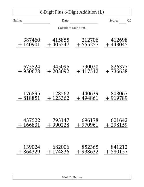 The 6-Digit Plus 6-Digit Addition With Some Regrouping (20 Questions) (L) Math Worksheet