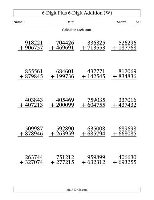 The 6-Digit Plus 6-Digit Addition With Some Regrouping (20 Questions) (W) Math Worksheet