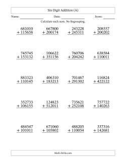 Six-Digit Addition With No Regrouping – 20 Questions