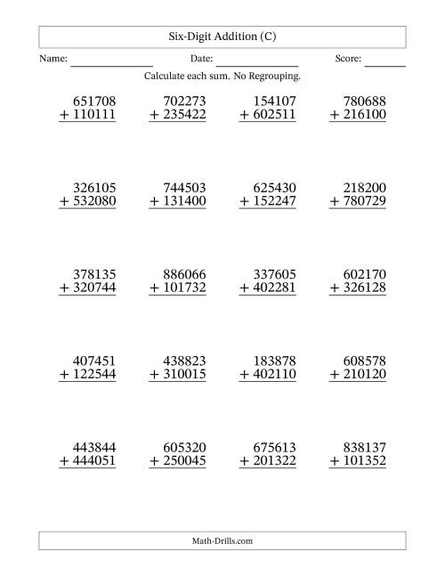 The Six-Digit Addition With No Regrouping – 20 Questions (C) Math Worksheet